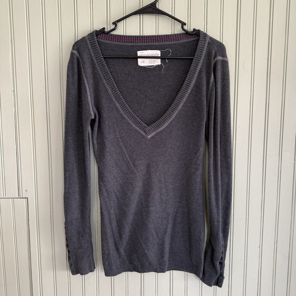 Vtg Y2K 2000s Aeropostale Grey Fitted Knit Long Sleeve V Neck Sweater Large